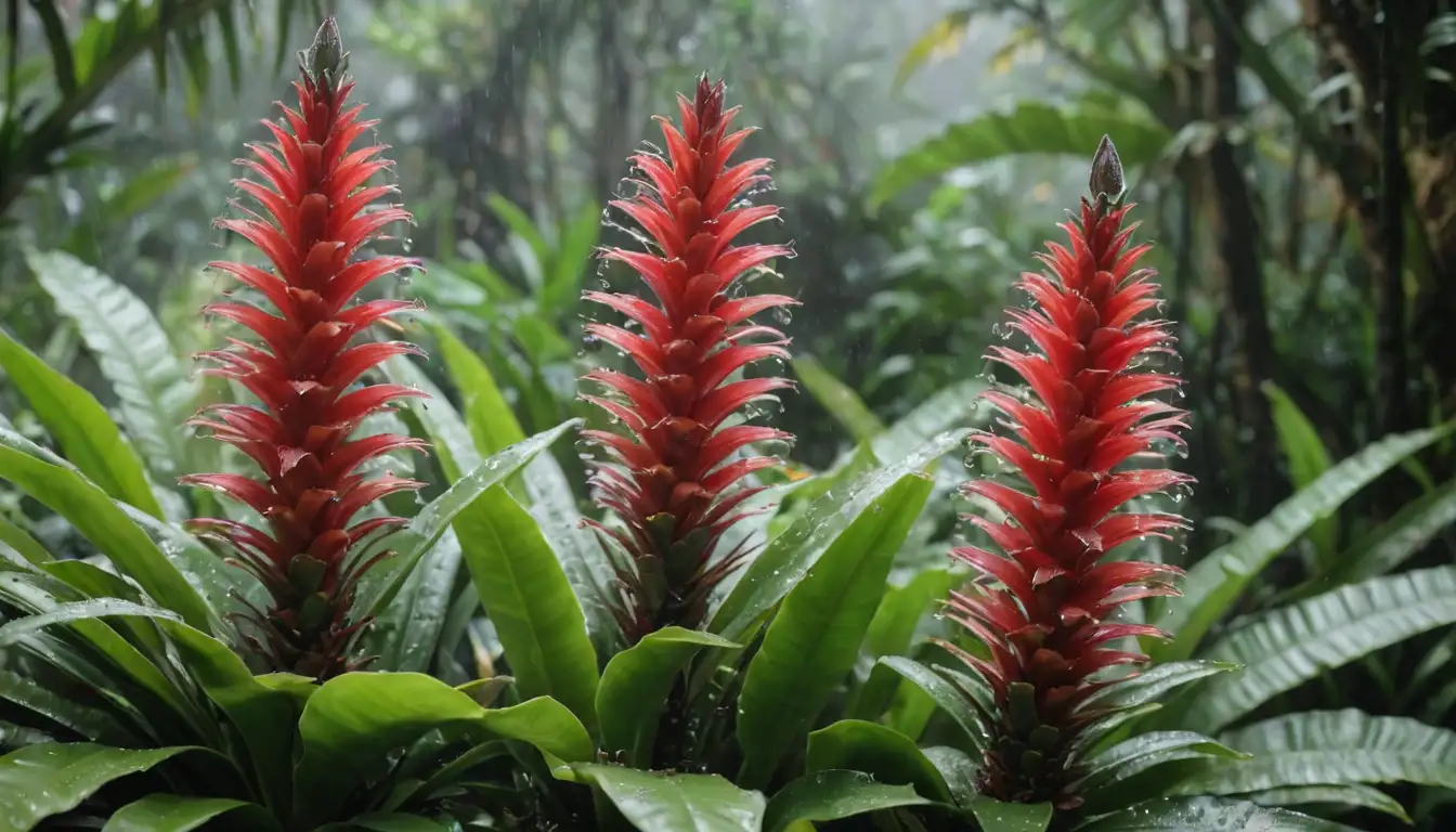 Close-up of lush bromeliad plants with vibrant flowers, surrounded by misty atmosphere, delicate water droplets glistening on leaves, and a few exotic butterflies or moths flying around, set against a warm greenery background