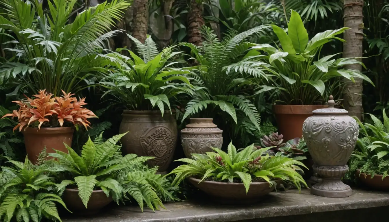 Vibrant colorful tropical plants, lush green foliage, exotic blooms, ornate pots, natural stones, moss, twigs, and ferns, arranged in a visually appealing way, perhaps with some decorative accents like seashells or pinecones