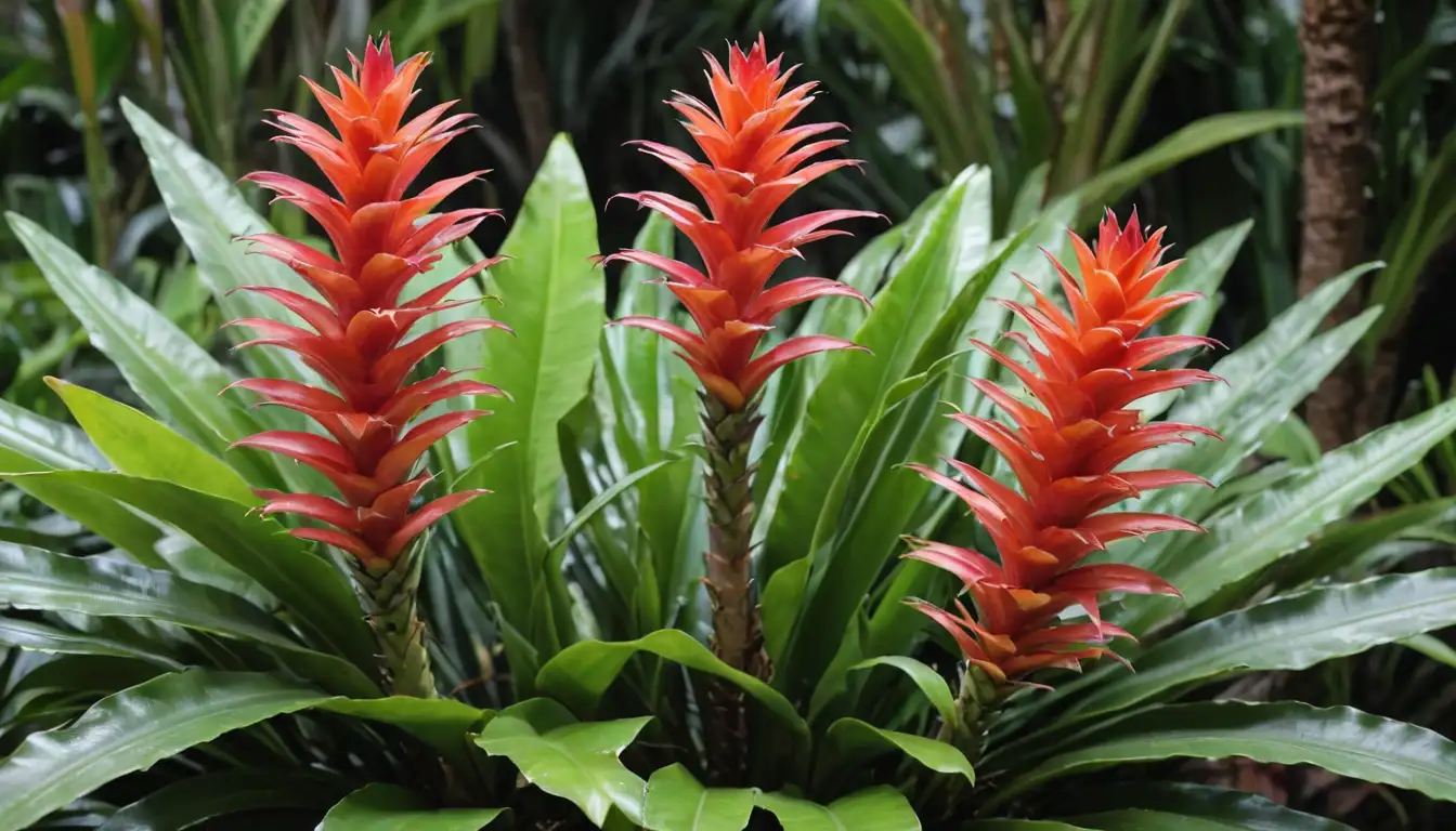 Colorful bromeliads, tropical flowers, lush green leaves, vibrant blooms, exotic plant species, bright colors, delicate petals, sturdy stems, artistic arrangement, eye-catching display