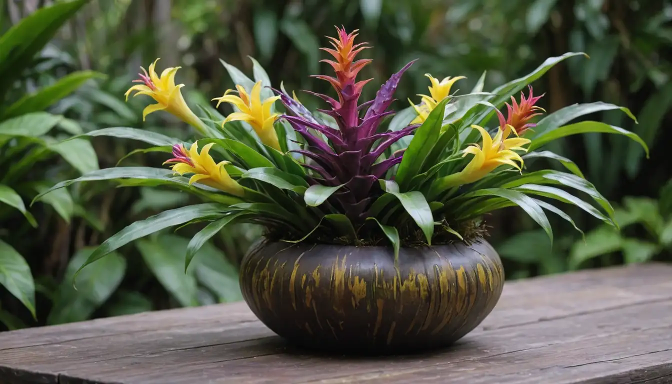 Vibrant purple bromeliad plants with bright yellow flowers surrounded by lush green leaves, some stems bent and twisted in a decorative vase, on a rustic wooden table with a blurred background