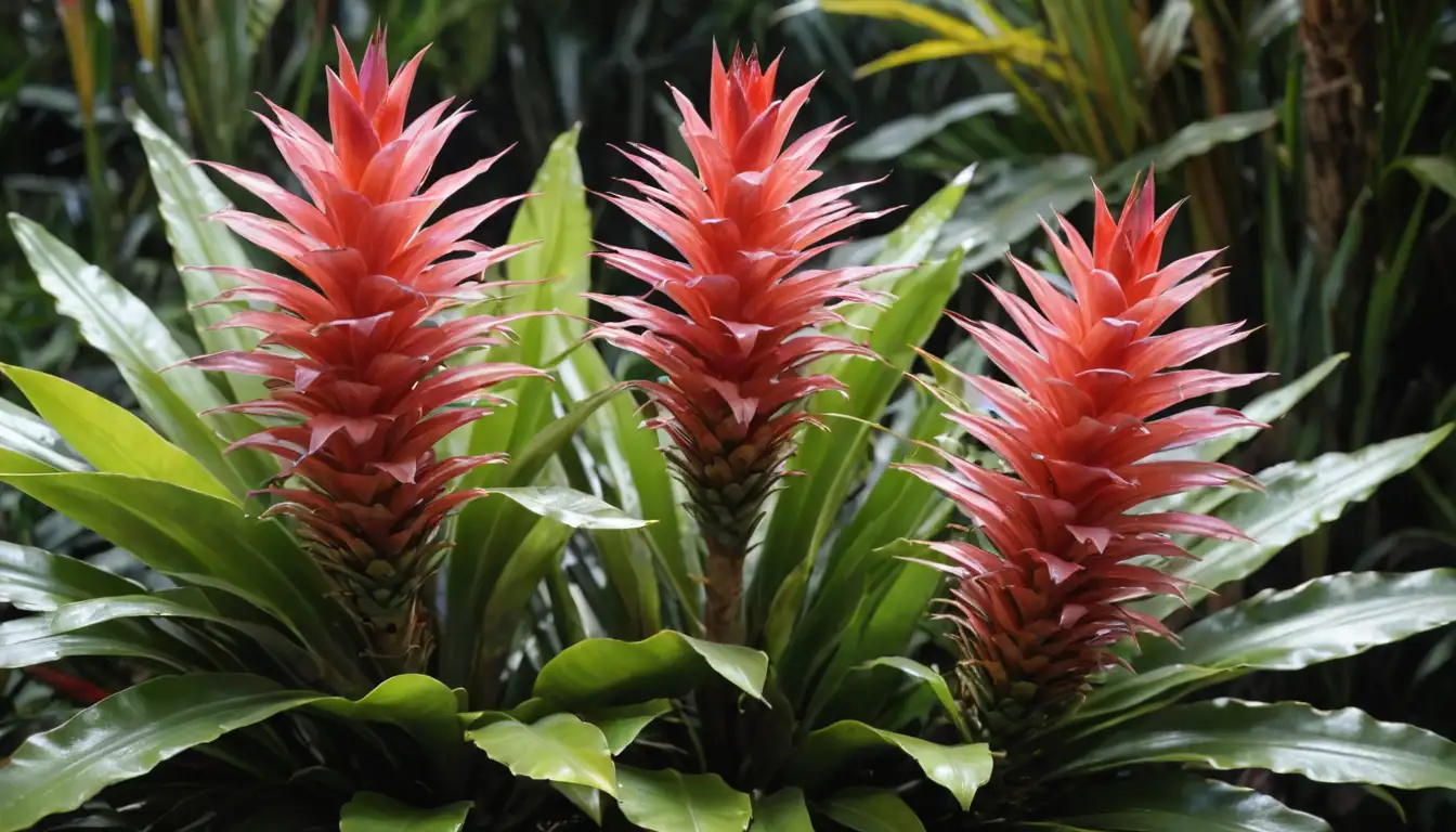 Vibrant bromeliads in various stages of growth and color, exotic foliage with delicate petals and feathery plumes, lush greenery with hints of pink, yellow, blue, orange, purple, red, and white flowers, bright sunlight casting soft shadows, a touch of tropical moisture, natural ambiance