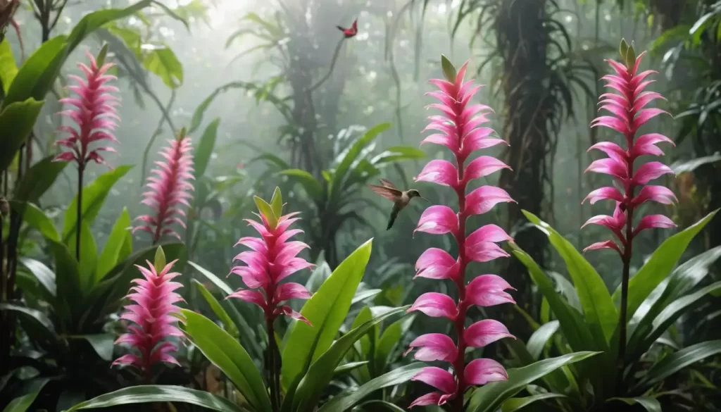 Vibrant pink and green bromeliad flowers
