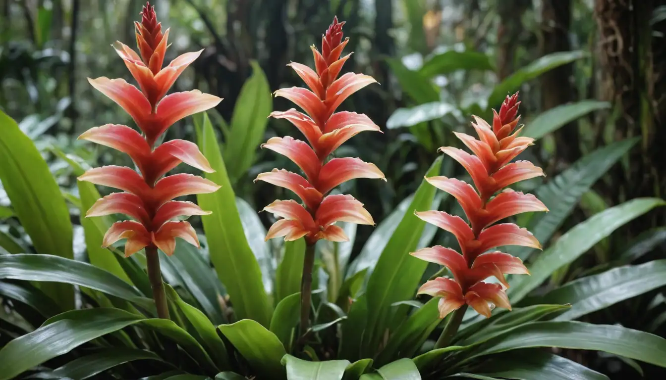Vibrant bromeliad flowers, lush green foliage, exotic plant species, tropical jungle, colorful orchids, delicate petals, intricate details, warm lighting, natural surroundings