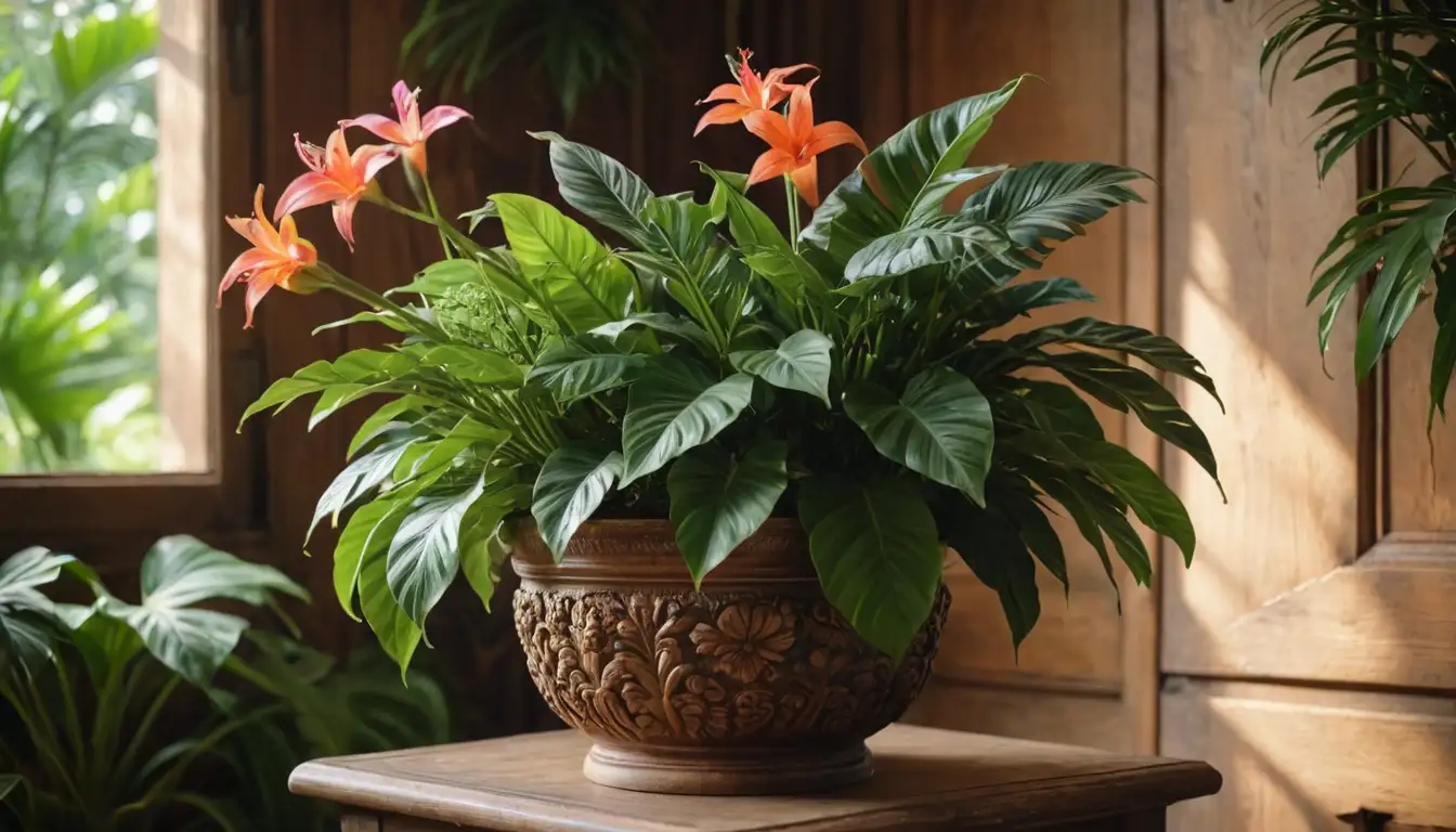 Vibrant colors, lush greenery, delicate petals, tropical leaves, ornate flower pot, exotic plant arrangement, whimsical atmosphere, sunlit corner, rustic wooden background, soft focus, warm lighting