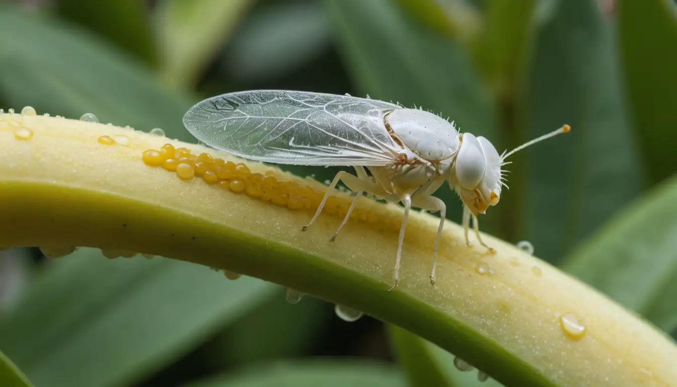 A close-up shot of a whitefly on a banana flower, with its eggs visible on the underside of leaves, amidst yellowish-orange pollen and green stems, set against a blurred background of lush foliage