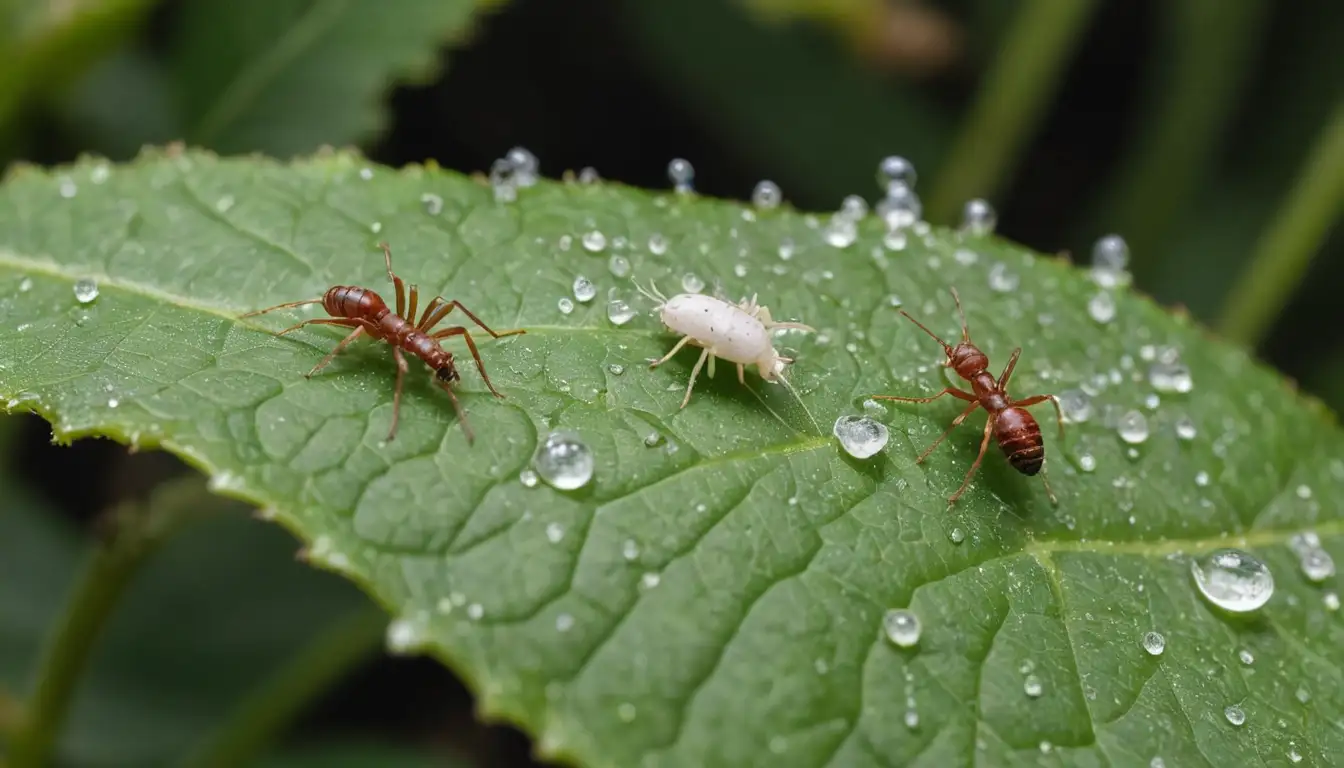 2-legged garden pests, ants with wings outstretched, tiny spider mites on leaf surfaces, aphids clustering near stem nodes, small eggs in white foamy masses, damaged plants with curled or yellowed leaves