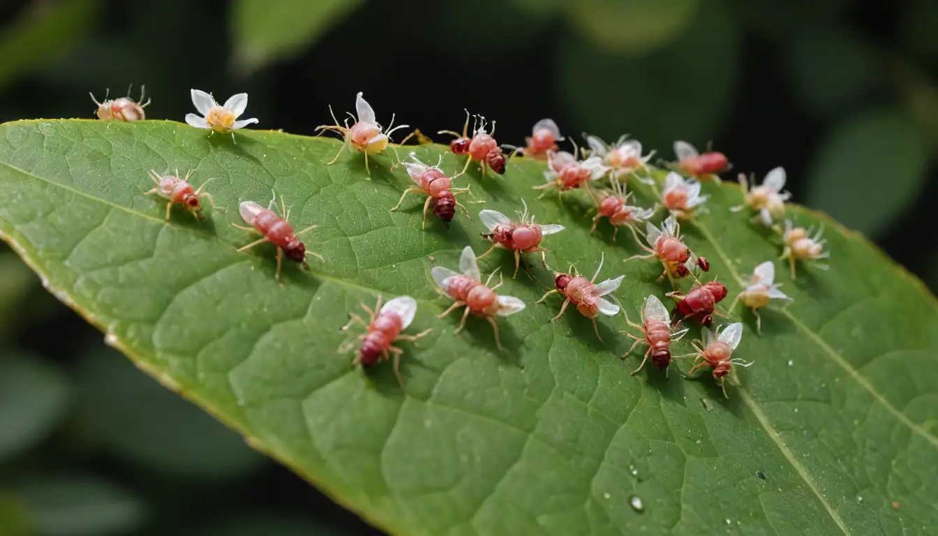 2-3 Buganvillas flowers with different stages of growth, insects like aphids and whiteflies flying or crawling around, possibly a spider mite on one leaf, some leaves showing signs of fungal infection, others with minor damage from wind or sun exposure