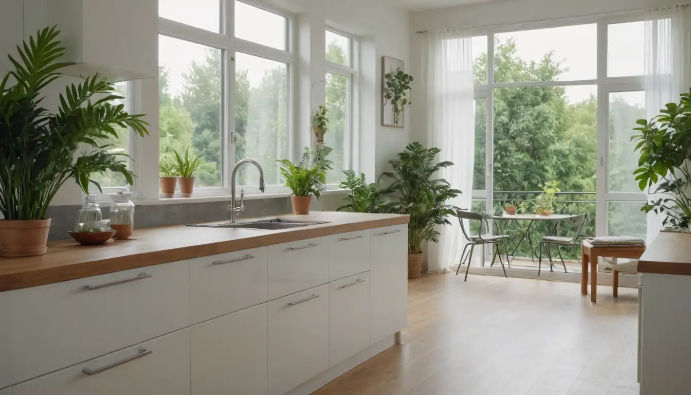 Clean home interior with tidy floors, spotless kitchen counters, and gleaming sink, surrounded by fresh plants and vibrant curtains, soft natural light pouring through large windows, minimalist furniture in harmonious arrangement