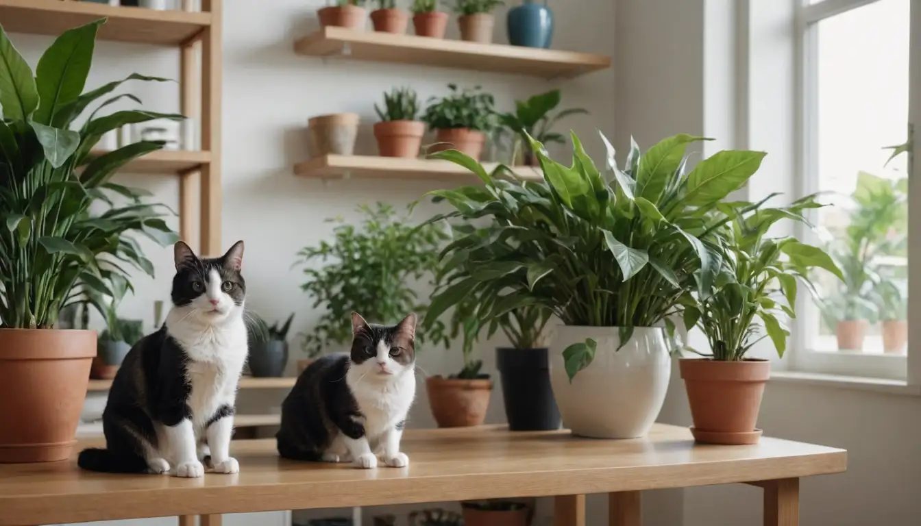 A clean living room with a few plants on a table, a vase filled with flowers on a shelf, and a cat or dog sitting near the plants, in warm natural light