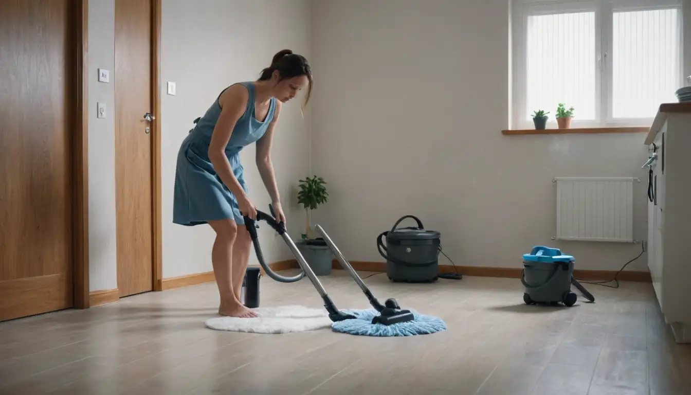 tidy room with vacuum cleaner in corner, steamy air rising from carpet, woman on hands and knees scrubbing stains, mop leaning against wall, bucket nearby, damp towels hung to dry, spotless floor leading out of shot