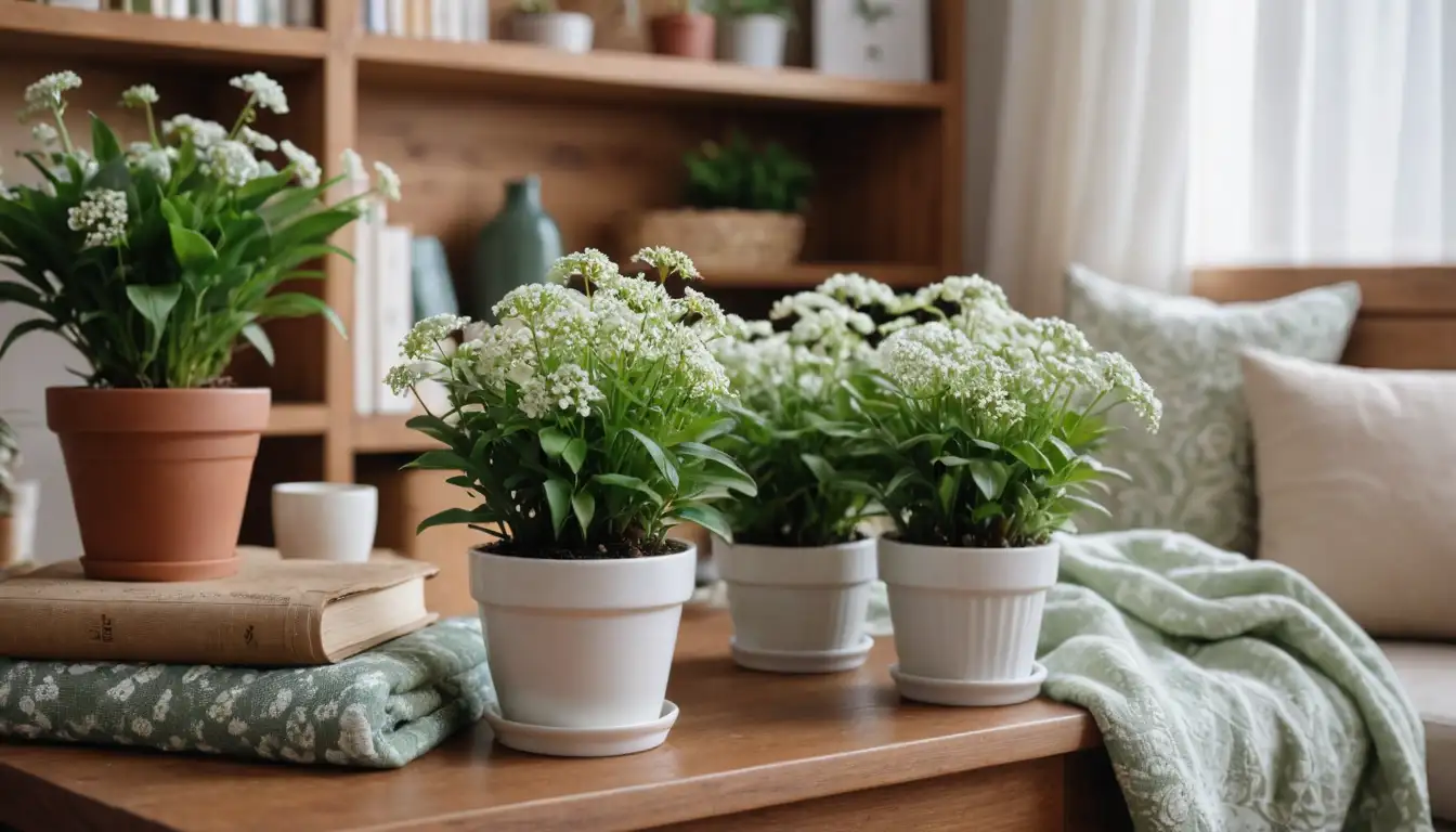 Small potted plants with green leaves and delicate white flowers, situated on a wooden table or shelf in a cozy room setting, surrounded by soft cushions, throw blankets, and a few decorative objects