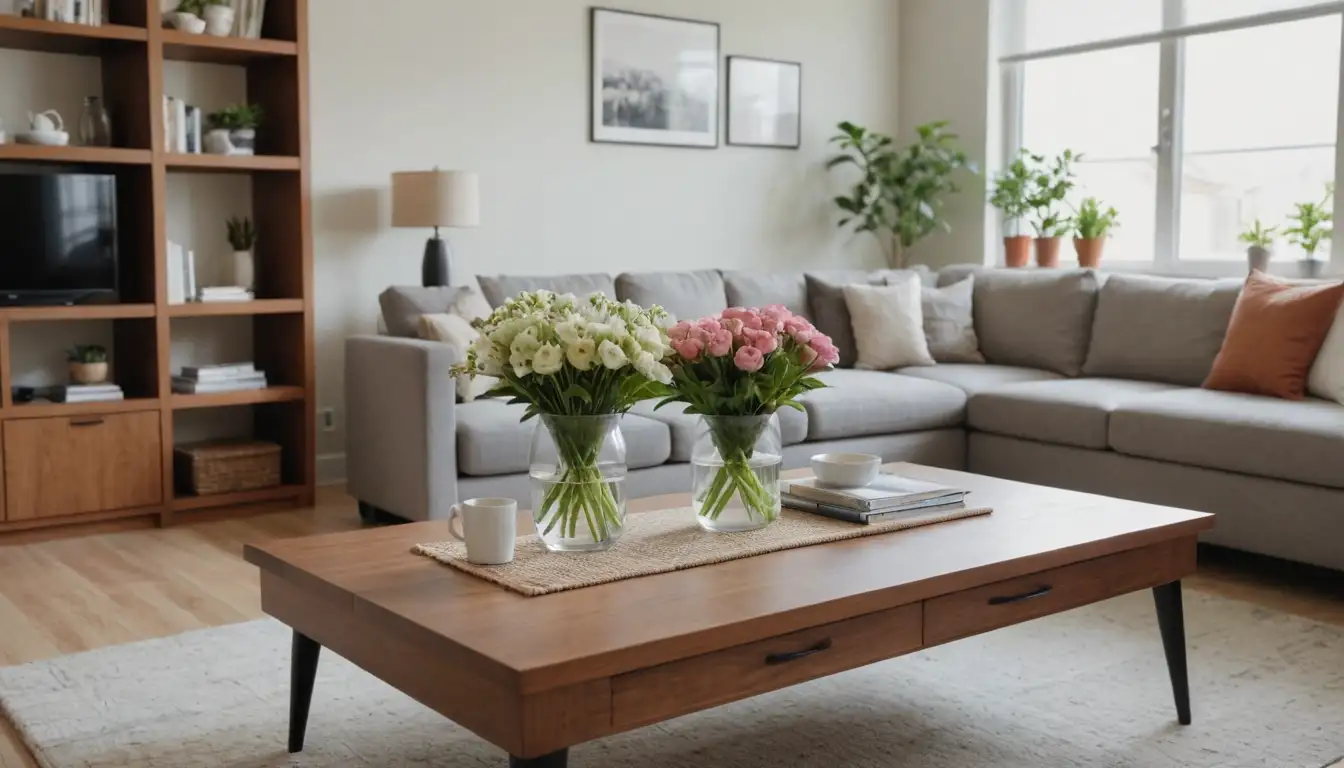 A clean and organized living room with a dust-free coffee table, no visible cobwebs or dusty corners, a tidy carpet, and a spotless kitchen sink, with fresh flowers on the counter, a clutter-free bookshelf, and a minimalist decor style