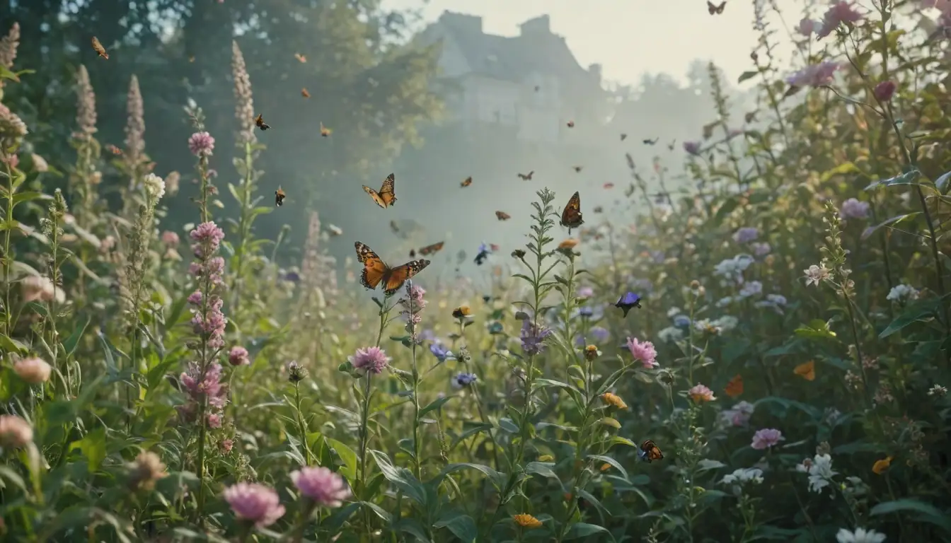 18th-century style illustration, soft focus, delicate colors, intricate details, flowers and foliage surrounded by butterflies, bees, or other small insects, whimsical and romantic atmosphere