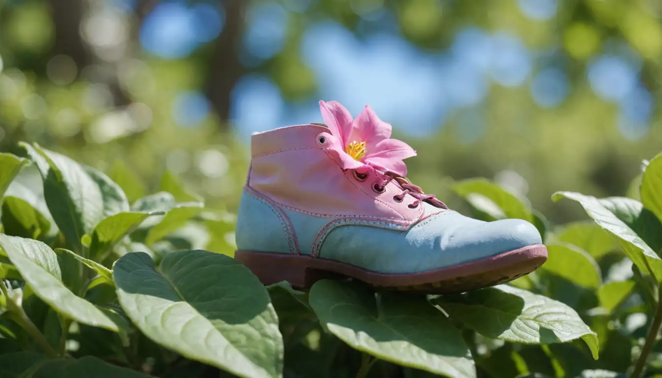 small, delicate, pink flower with a unique shape, resembling a tiny shoe or boot, sitting on a bed of soft green leaves, against a blurred background of blue sky or garden foliage, possibly with some subtle shadows to add depth, and the overall image is bright, colorful, and cheerful