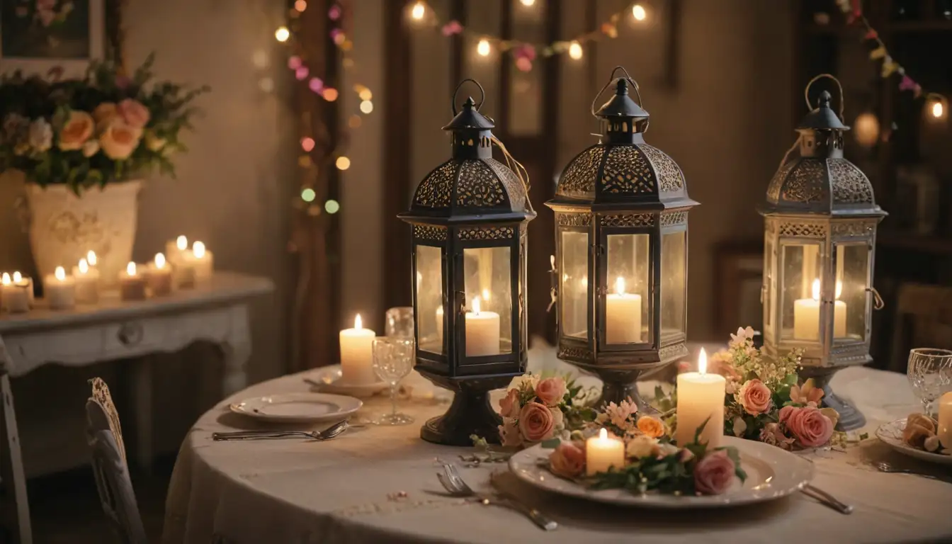 Vintage lanterns, rustic candles, twinkling fairy lights, delicate flowers, soft pastel colors, whimsical illustrations, ornate candelabras, elegant table settings, beautiful ceramics, joyful confetti, vibrant ribbons, charming decorations, festive atmosphere, and warm glow