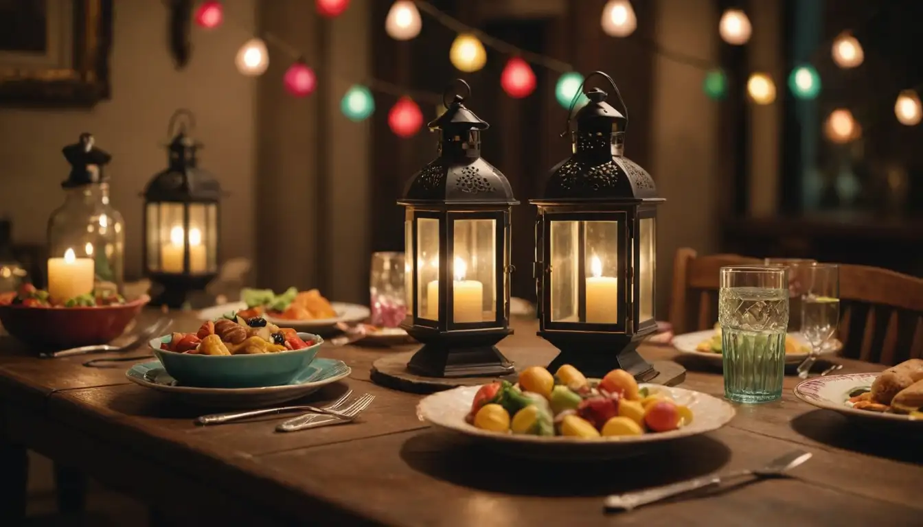 18th century-style lanterns, colorful puchero utensils, decorative candles, festive table settings, twinkling fairy lights, vintage-inspired serving dishes, and whimsical food arrangements
