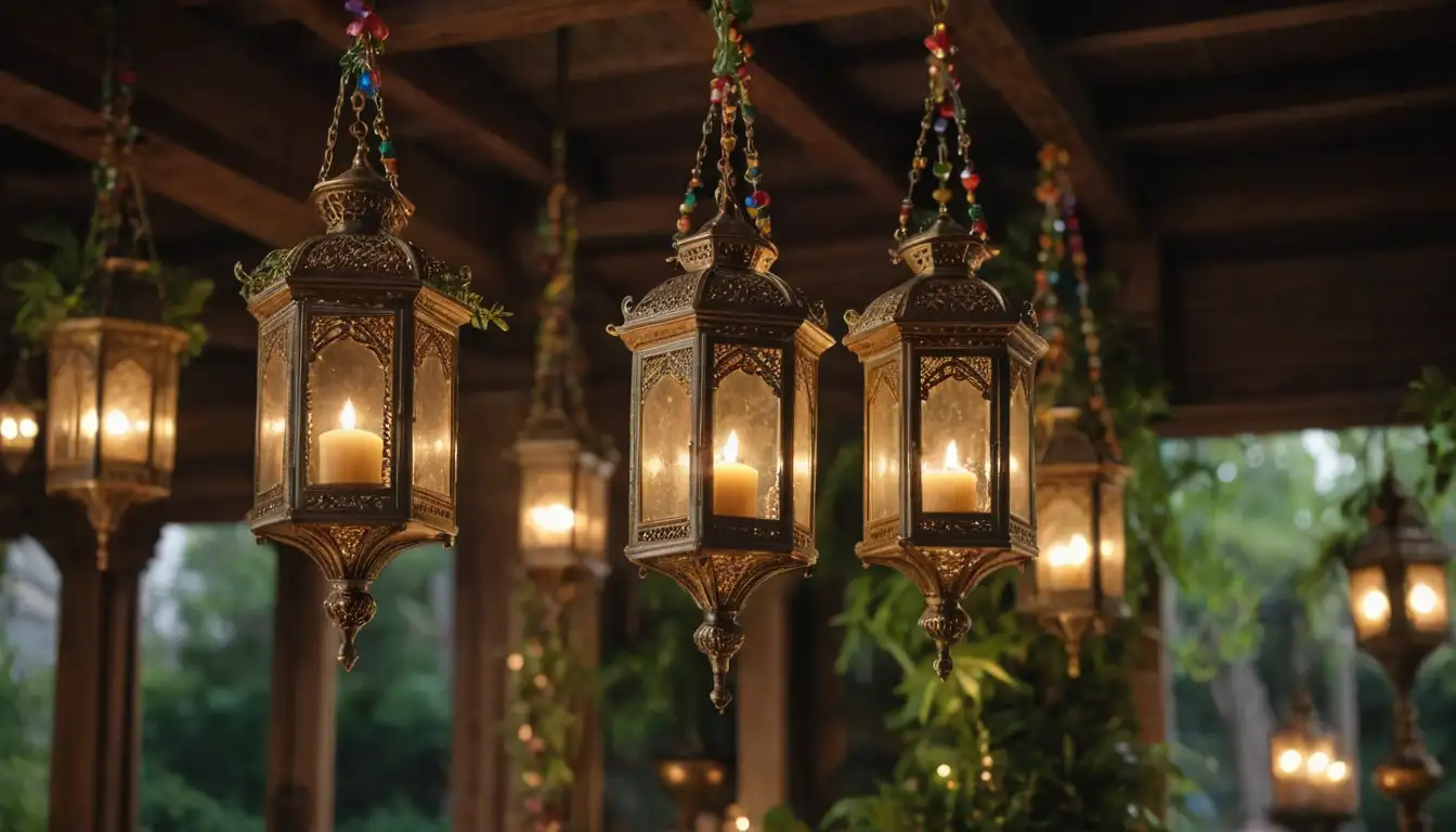 18th-century-inspired candle lanterns, intricately decorated with golden filigree, suspended from ornate wooden beams, surrounded by soft candlelight, and adorned with colorful glass beads, delicate ribbons, and lush greenery