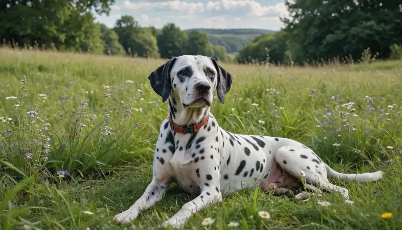 A serene, sun-kissed landscape with a Dalmatian dog sitting calmly, surrounded by lush green grass, a few wildflowers, and a clear blue sky with a few puffy clouds, with the dogs distinctive spotted coat prominent in the foreground, conveying a sense of gentle tranquility