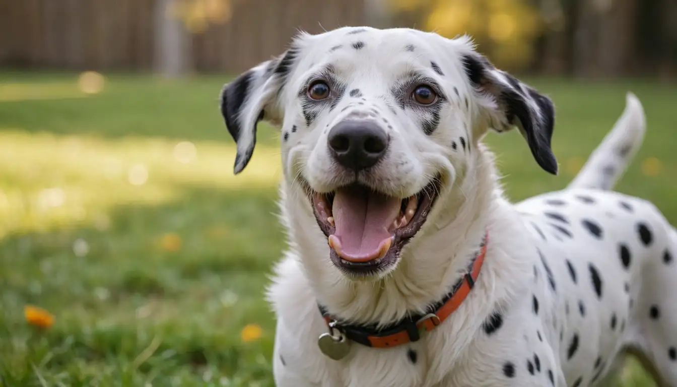 Happy dog, playful energy, bright colors, whimsical background, Campanilla Dalmatian breed features, fluffy fur, shiny eyes, and a smiling face