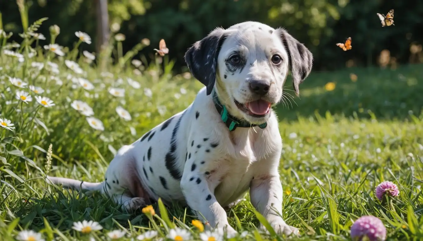playful Dalmatian puppy in green grass, surrounded by flowers, sitting with tail wagging, holding ball or toy in mouth, having fun under sunshine, possibly with a few butterflies or bees flying nearby