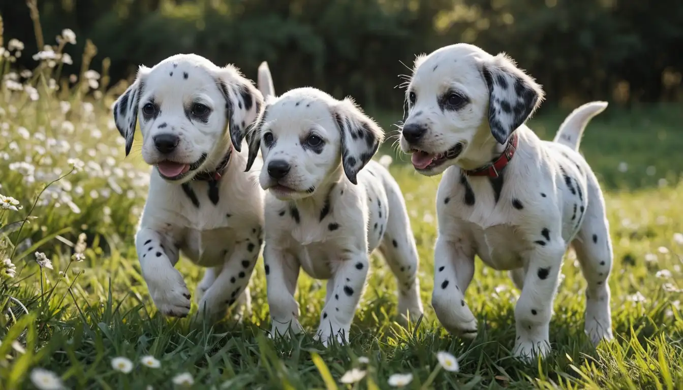 2-3 fluffy Dalmatian puppies with white spots on black fur, surrounded by soft grass or flowers, in a warm sunlight, with playful expressions and energetic movements, such as jumping or chasing each other