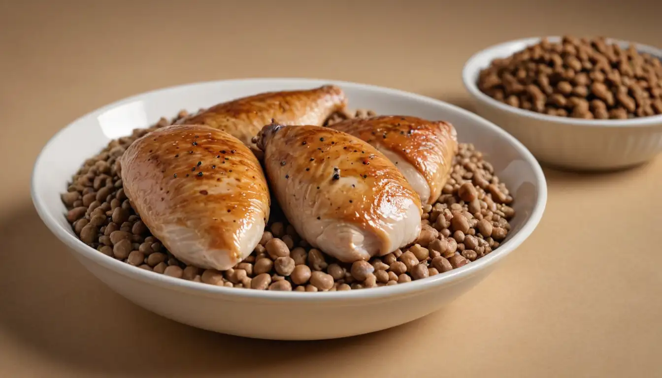 3-4 plump, juicy chicken breasts, possibly a pheasant or turkey leg on the side, and a bowl of kibble in the corner, all set against a warm beige or brown background with soft focus lighting