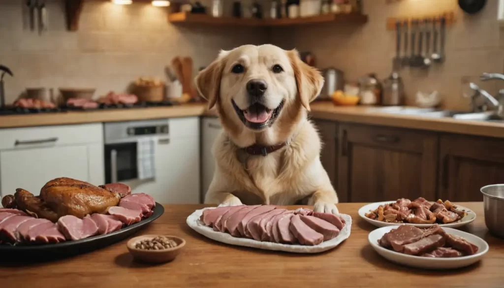A happy dog sitting on a table