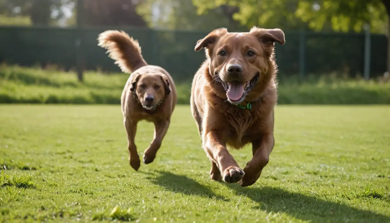4-legged friend running, brown dog breed, energetic expression, open green space, sunshine, and a tennis ball or toy in motion, representing an active pet enjoying playtime with its owner