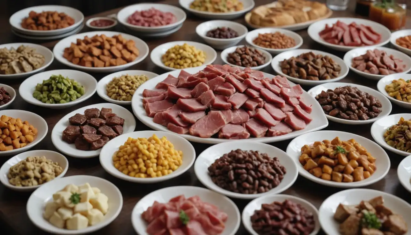 3-5 colorful dog plates with various meats, happy dogs eating, diverse textures and colors, appealing presentation, high-quality ingredients