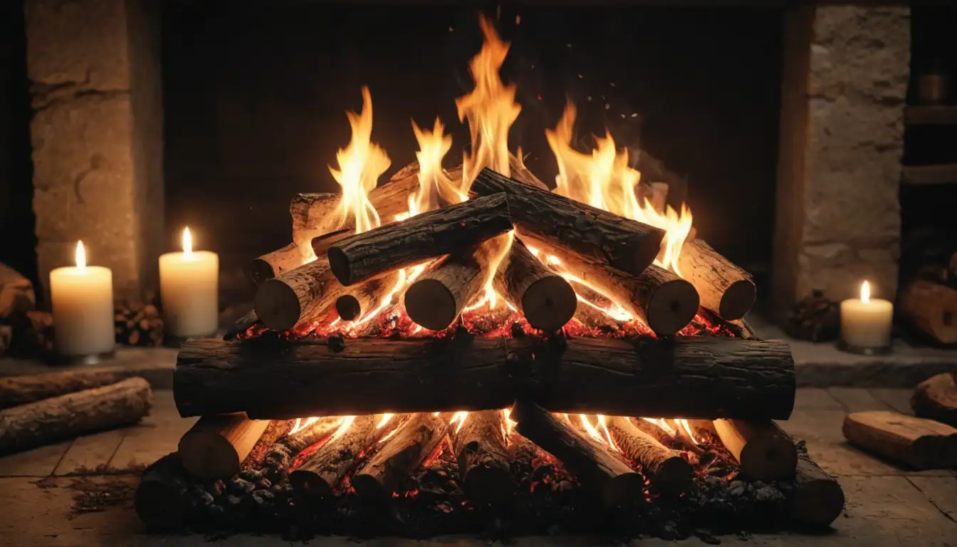 A warm hearth with logs burning, sparks flying upwards, coals scattered on a rustic surface, surrounded by natural elements like branches and leaves, maybe some candles or lanterns lit in the background, evoking cozy ambiance
