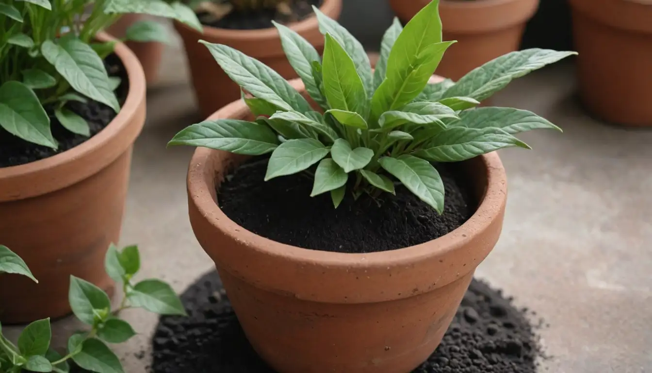 a terracotta pot with soil, green leaves, a sprinkle of charcoal powder, small plants, soil texture, natural light, earthy tones, organic matter, nutrient-rich environment, plant growth, thriving foliage