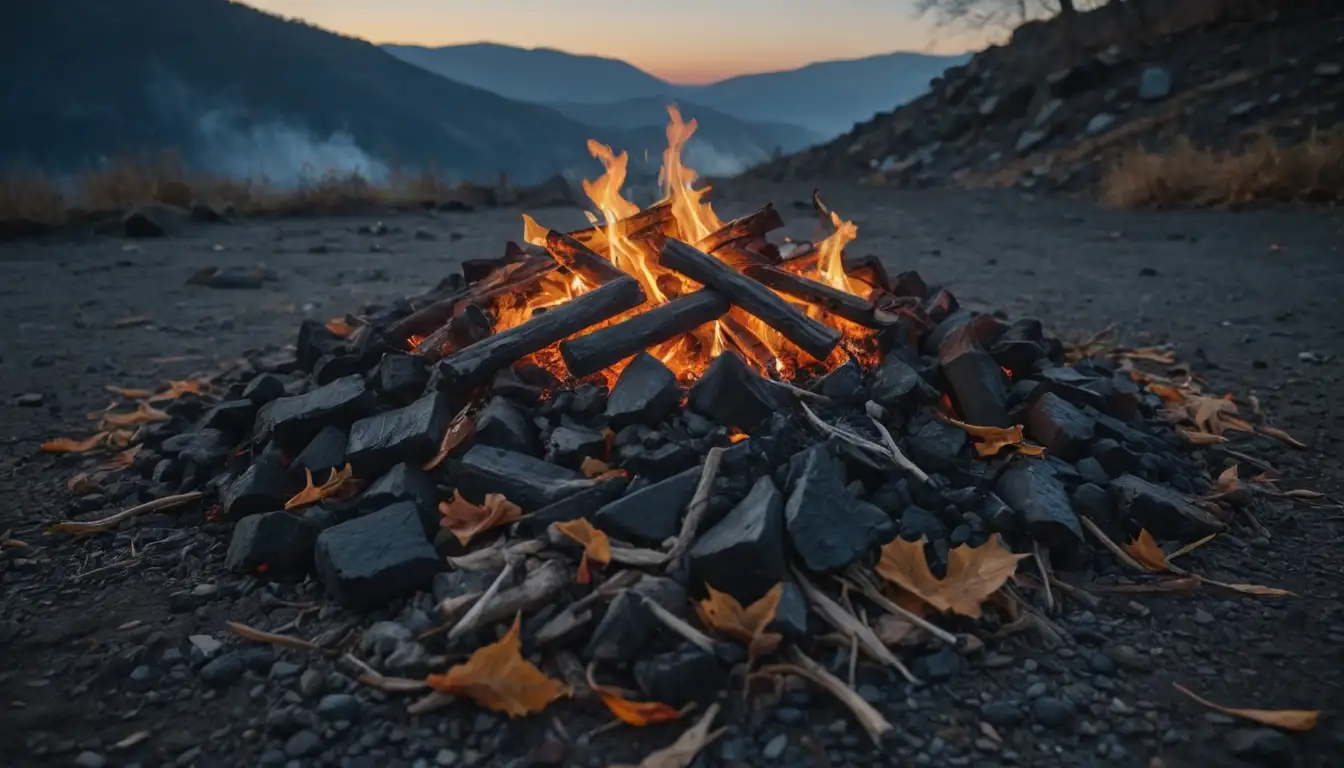 A pile of fluffy charcoal on a rocky terrain with dry leaves, a few twigs, and no greenery, amidst a warm yellow-orange glow, with an empty fire pit nearby, a dark blue sky in the background, and a faint hint of mist
