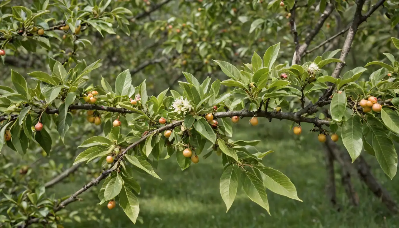A plum tree with leaves, fruit, and flowers surrounded by thrips, damage, and other insects; thrip colonies on stems; yellowing or drooping leaves; aphids, whiteflies, or mites; eggs, larvae, or pupae stages; fungal infections; black spots or lesions on bark