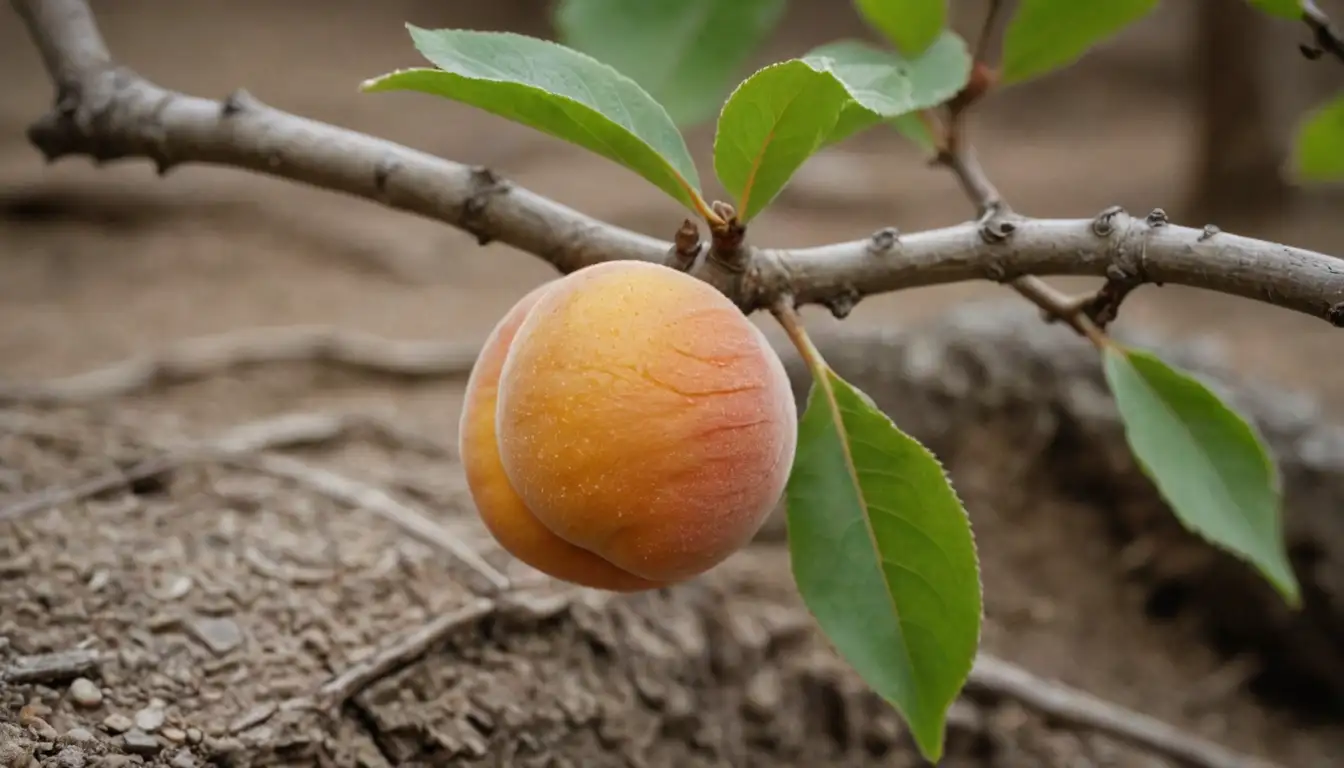 Ripe apricot fruit with white fuzzy growth, brown spots and cracks, soft and decaying flesh, stem remains attached, on a background of dry earth or tree bark, surrounded by green leaves or twigs, with hint of morning sunlight