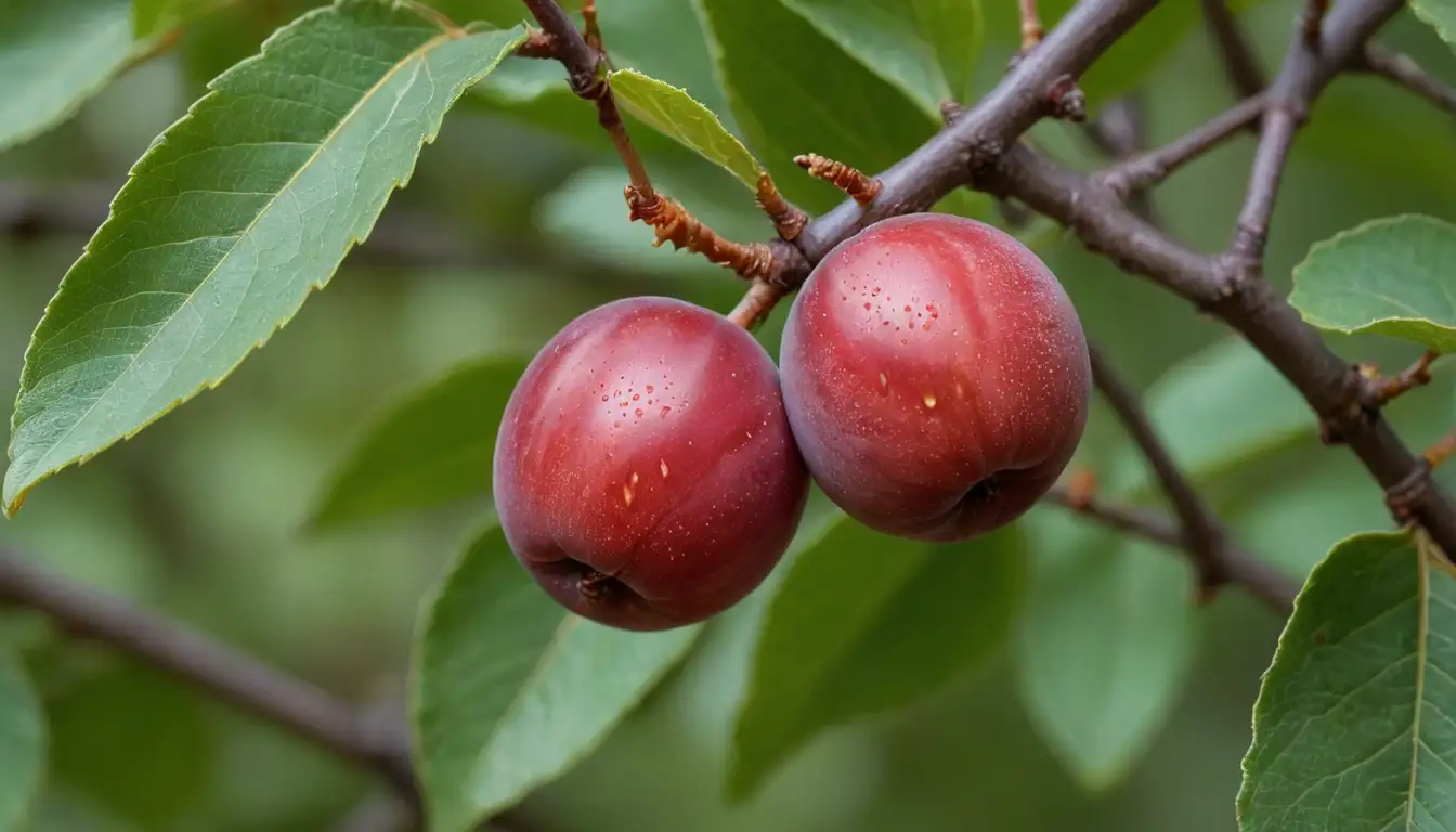 juicy red plum fruit on branches, green leaves with small brown spots, tiny insects crawling, eggs attached to stem, close-up of leaf texture with visible veins and hairs