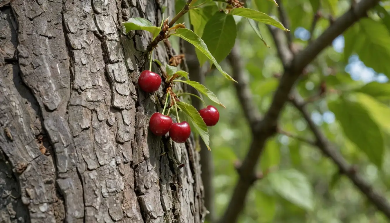 A close-up of a cherry trees bark with visible signs of damage, surrounded by a few pesky fruit mites, maybe some aphids or scales too, all on a warm sunny day background with gentle leaves rustling in the breeze, perhaps a tiny spider web or two nearby