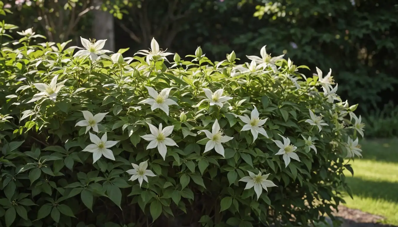 1-2 blooming clematis plants with delicate flowers, green foliage, and a garden or outdoor setting, sunlight filtering through, possibly with some stems trailing down or around other objects