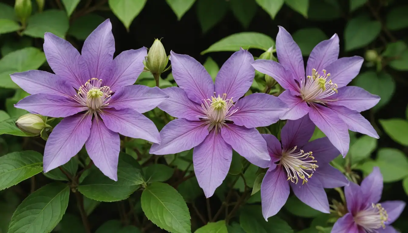 Flowers in different colors, clematis blooms, stems with sepals, foliage background, garden setting, close-up shot