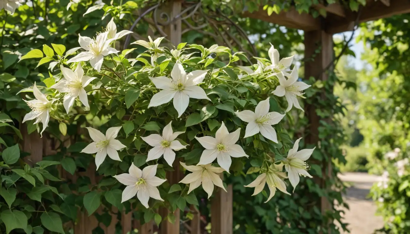 1-2 blooming clematis flowers with green foliage, delicate tendrils wrapping around a trellis or arbor, warm sunlight filtering through leaves, gentle background blur