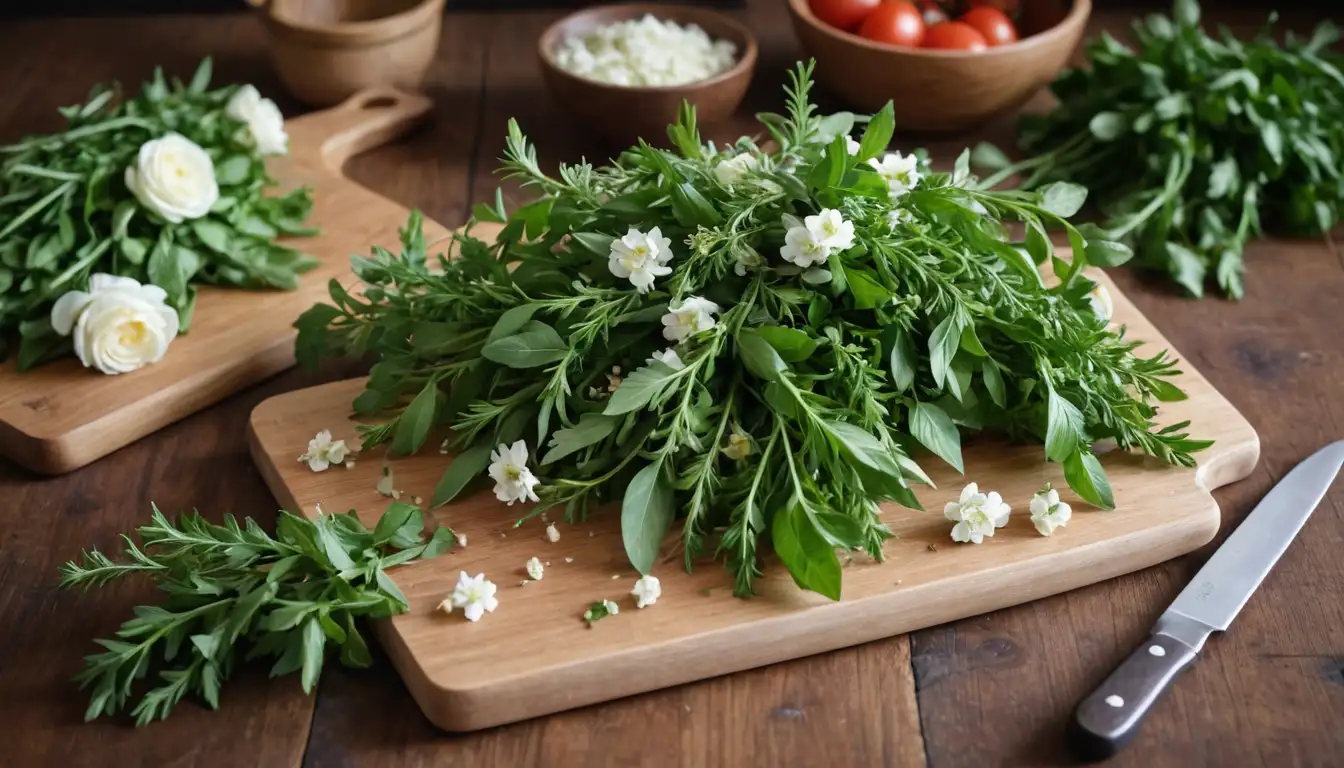 vibrant colors, curly green leaves, tender white flowers, rustic wooden surface, fresh bunches, loose sprigs, kitchen utensils, wooden cutting board, chopping board, knife, vegetables, herbs, cooking prep, culinary use, garnish, bouquet