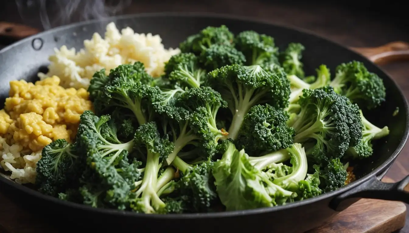 3 types of cabbage leaves, heads of broccoli and common kale, wok or pan, sizzling stir-fry ingredients, aromatic curry sauce, steaming hot bowls, vibrant vegetable colors