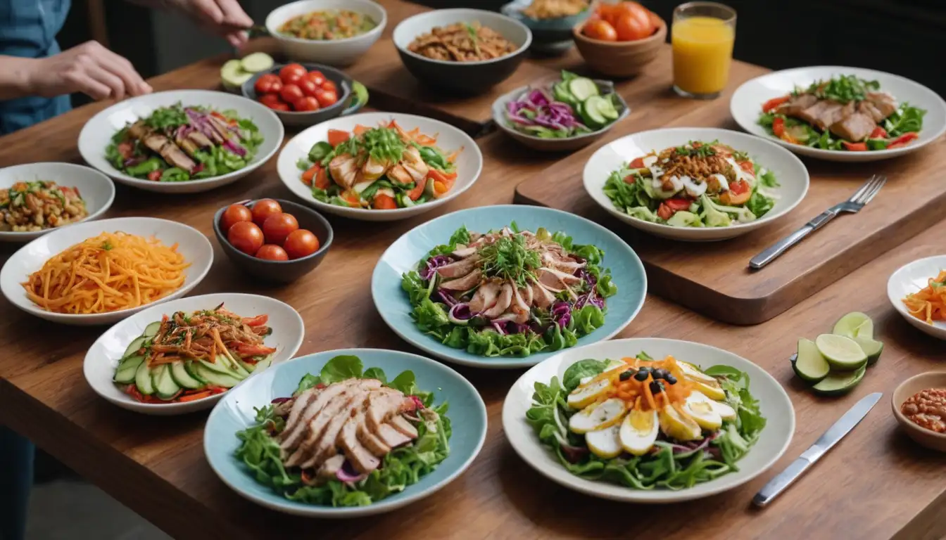 Asian-inspired plates, colorful salads, crispy sandwiches, various dishes on wooden boards, vibrant colors, modern kitchen utensils, fresh produce, and a subtle background texture