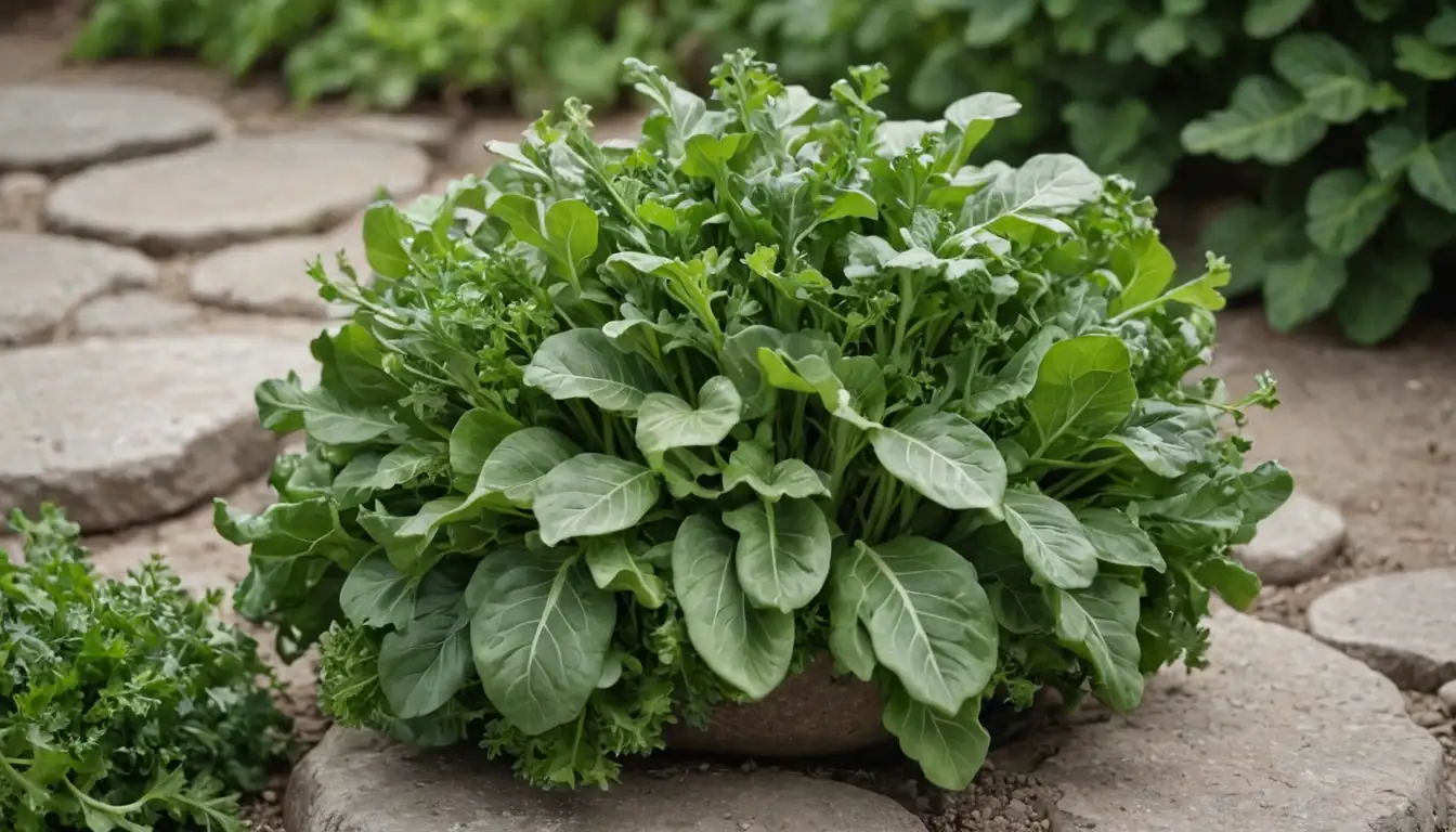A bright green, rounded head with leafy greens and stalks surrounding it, placed on a neutral background, possibly with some soil texture or rustic stones, conveying a sense of naturalness and freshness