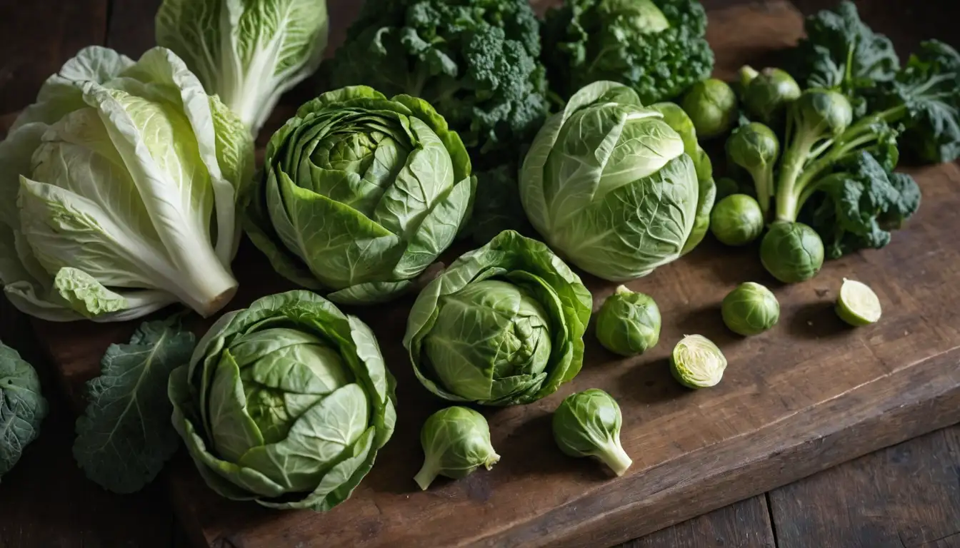 3-4 vibrant leafy greens, common cabbage leaves, curly endive leaves, and Brussels sprouts on a rustic wooden board, natural light from above, shallow depth of field to highlight textures