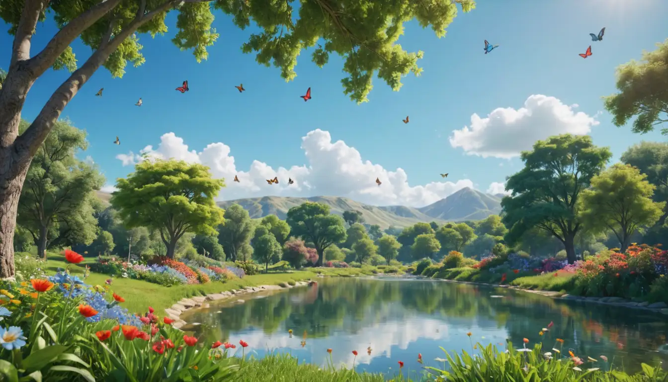 Whimsical illustration, Greenery surroundings, Bright blue sky, Colorful flowers blooming, Happy butterflies flying, Playful pericos (parakeets) fluttering, Healthy trees towering, Sunny meadow landscape, Soothing water feature in the distance, Serene atmosphere