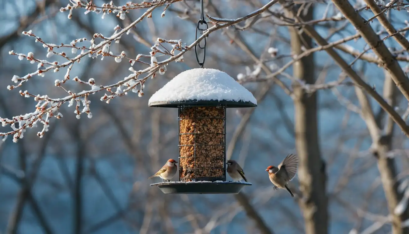 snow-covered bird feeder hanging from a sturdy tree branch, surrounded by bare winter branches and frosty leaves, with some birds perched on or near the feeder, likely sparrows or finches, against a cold blue sky