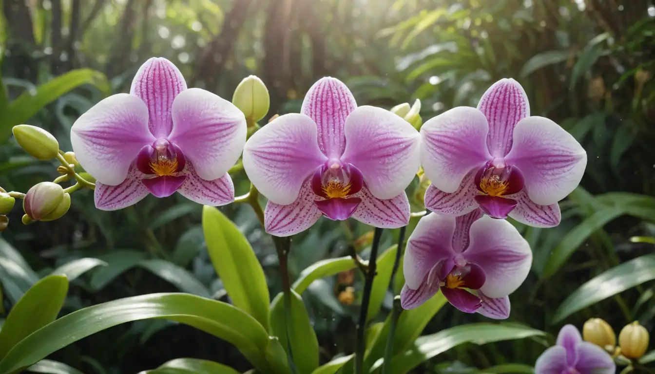 Vibrant orchids in various stages of bloom, warm sunlight shining down, gentle water droplets on leaves and petals, colorful butterflies or bees interacting with flowers, lush green foliage surrounding blooms, subtle hint of mist or fog to represent optimal temperature