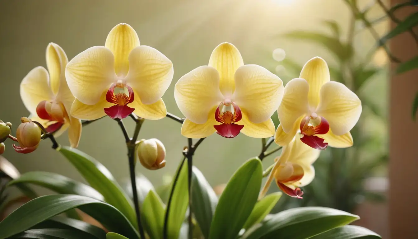 3D orchids with vibrant flowers, green leaves, and delicate stems, set against a warm yellow-orange background, surrounded by soft focus sunlight or natural light rays, capturing the beauty of blooming orchids