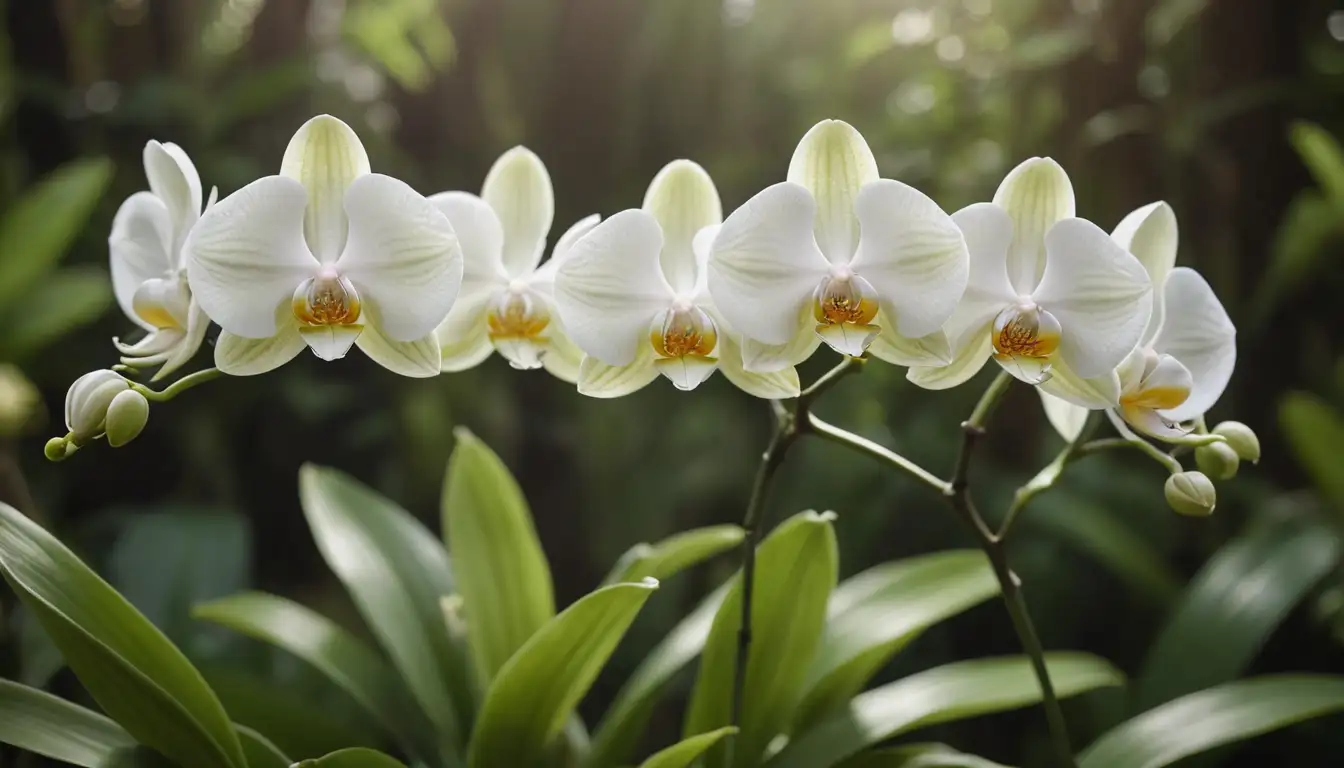 Delicate orchid stems, vibrant flower buds, lush green leaves, soft focus, warm lighting, subtle shadows, delicate curves, intricate patterns, natural texture, and a sense of serenity