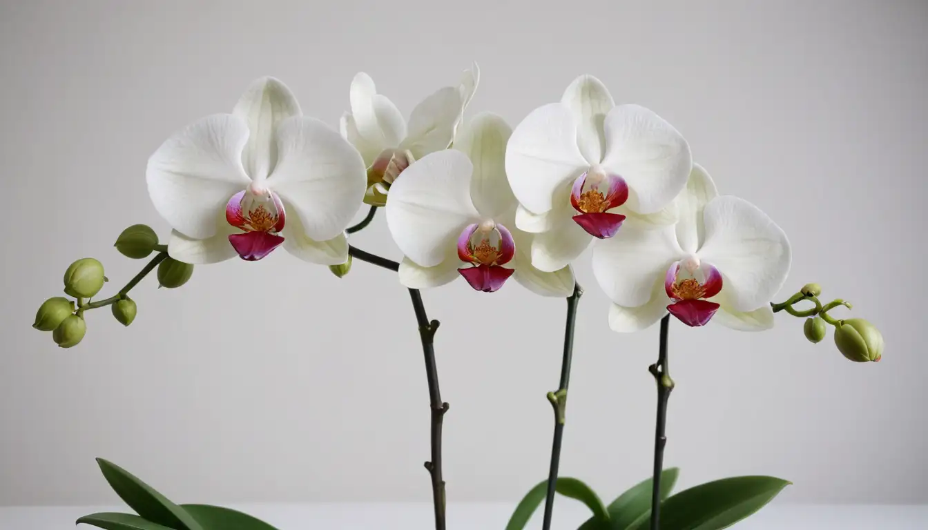 Colorful orchid blooms, green leaves, white background, flowers in various stages of growth, orchid stems curved upwards, delicate petals, gentle light source, subtle shadows, minimal distractions, simplicity